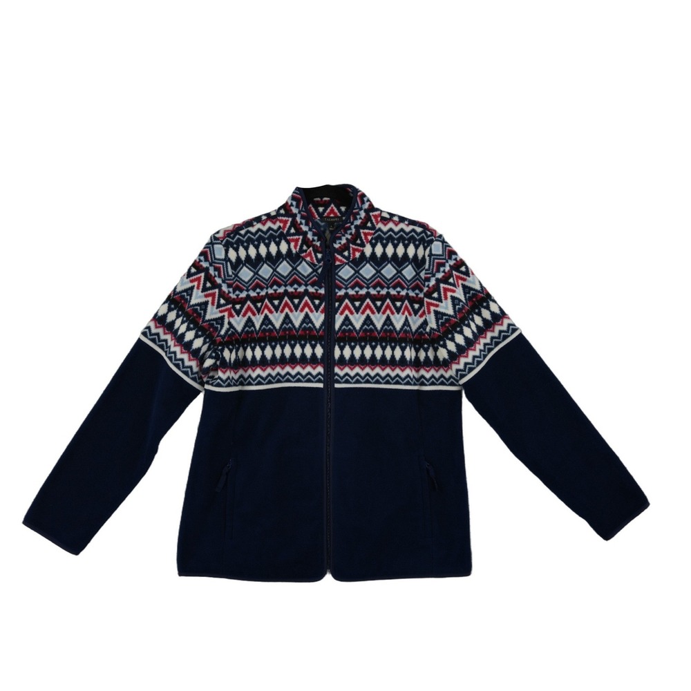 NWT Talbots Fair Isle Fleece Jacket Top Women's Size Large Navy Blue Full Zip